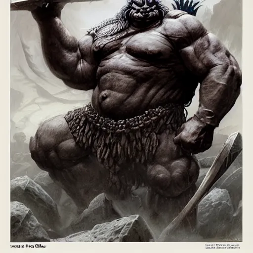 Image similar to head and shoulders portrait of an ogre barbarian, d & d, fantasy, greg rutkowski, frank frazetta, alexandre chaudret, boris vallejo, michael whelan, miro petrov, hr giger, magali villeneuve, donato giancola