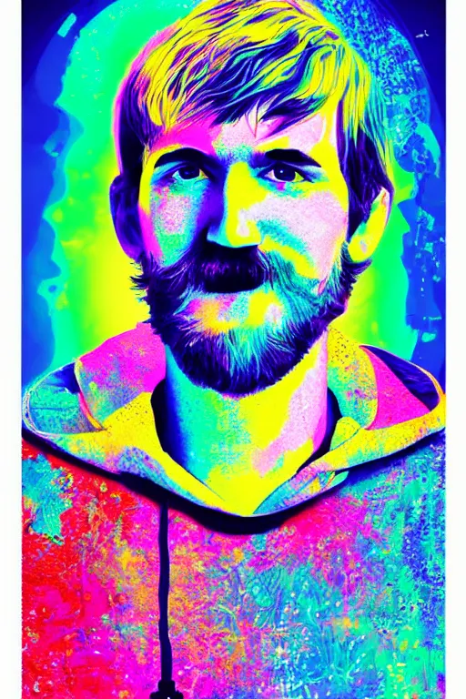 Image similar to inspirational style hope poster of bo burnham with beard, psychedelic colors, highly detailed, realistic, loving