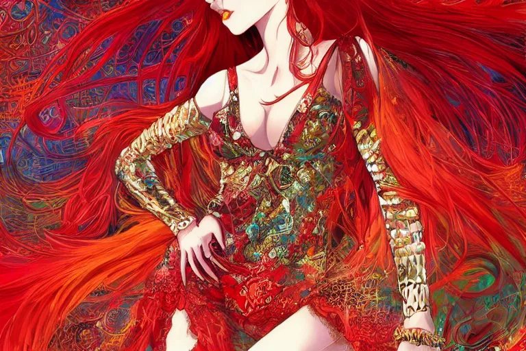 Prompt: a beautiful dancer with red hair in 1970's fashion, disco room background, intricate, highly detailed, digital painting, artstation, official media, anime key visual, concept art, rich vivid colors, ambient lighting, sharp focus, illustration, art by Ayami Kojima