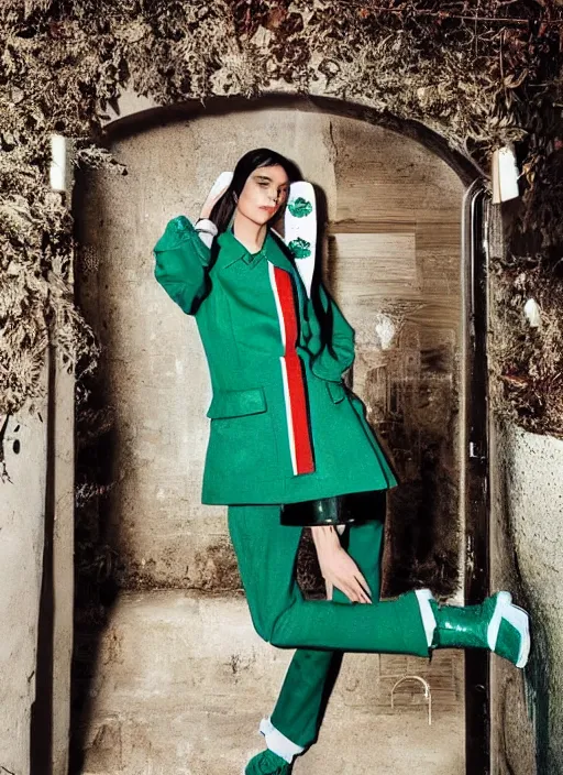 Image similar to a beautiful girl in a gucci x yeezy collab outfit is creating a new city, mini magic city, hidden doors, magical details, high detail, 8 k, perfect faces, photographed by maurizio cattelan and pierpaolo ferrari with the art direction of micol talso for toiletpaper creative magazine