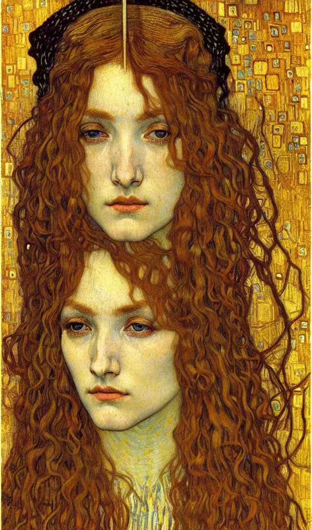 Image similar to detailed realistic beautiful young medieval queen face portrait by jean delville, gustav klimt and vincent van gogh, art nouveau, symbolist, visionary, gothic, pre - raphaelite, muted earthy colors, desaturated