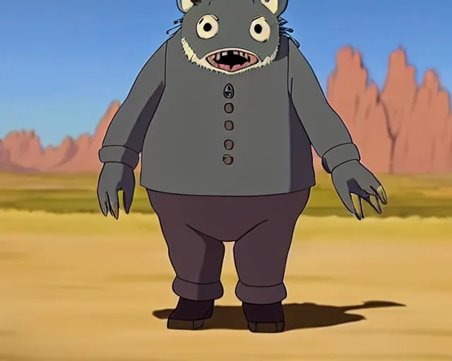 Prompt: a cell shaded cartoon grey six legged mechanic wolf from howl's moving castle ( 2 0 0 4 ), with a big head, on a desert road, wide shot, studio ghibli, hq