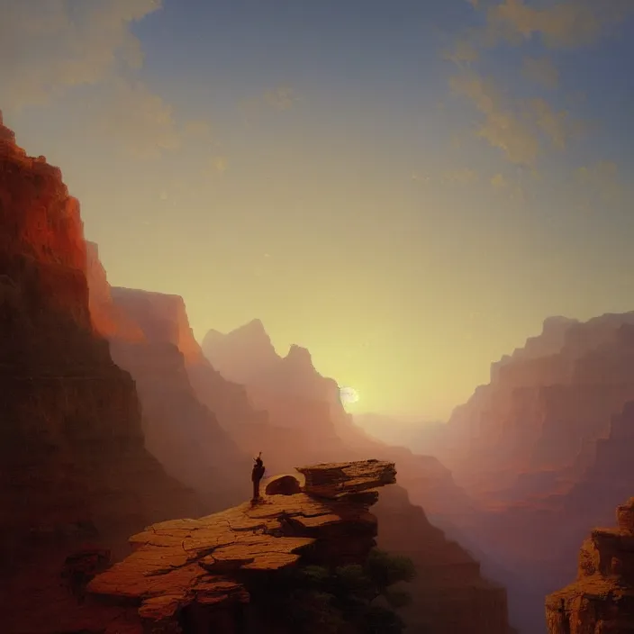 Image similar to a beautiful painting of a grand canyon, sunset by ivan aivazovsky and rhads and greg rutkowski and james gurney, in style of digital art. hyper detailed, sharp focus, soft light. octane render. ray tracing. trending on artstation