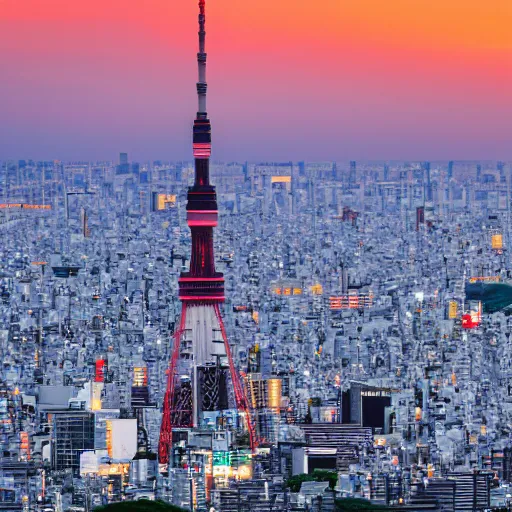 Image similar to landscape of Tokyo with a tower at sunset