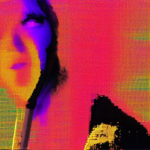 Image similar to Karen O of the Yeah Yeah Yeahs. Glitch effect. Pixel glitch. Chromatic Aberration. data moshing glitch art. 4k.