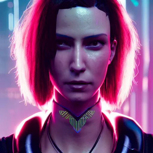 Image similar to headshot portrait of female V from cyberpunk 2077 wearing thick steel choker around neck, 4K, detailed face, collar on neck, realistic, artstation, neon,