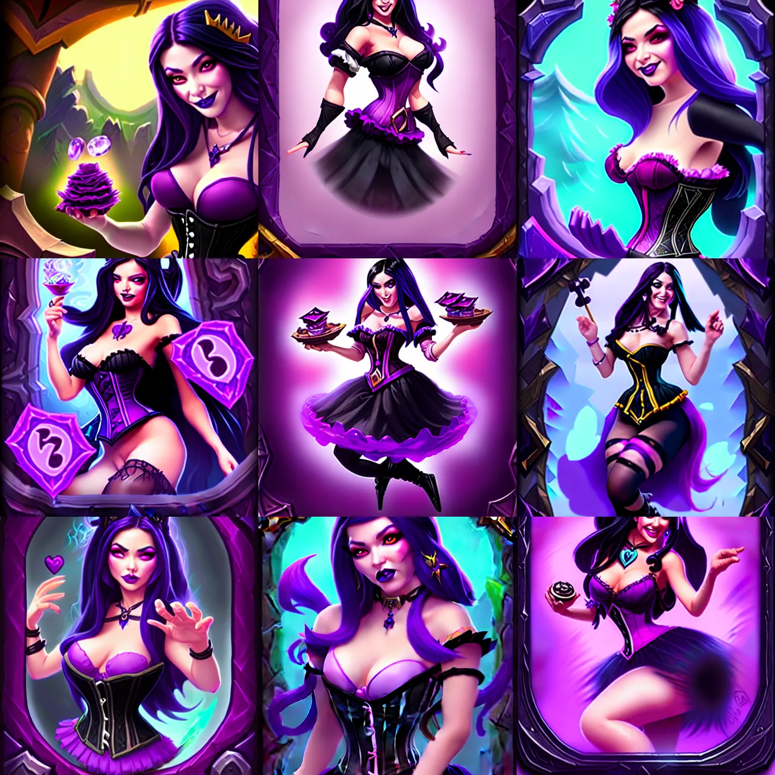 Image similar to a beautiful woman with long black hair, wearing a black corset top and a purple tutu, Hearthstone official splash art