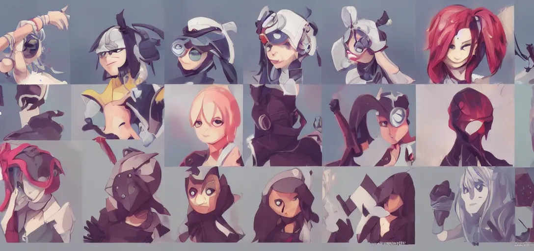 Image similar to concept art of female video game characters head designs, disgaea, flcl, hearthstone, unique silhouettes, cute casual streetwear, by marc brunet and artgerm