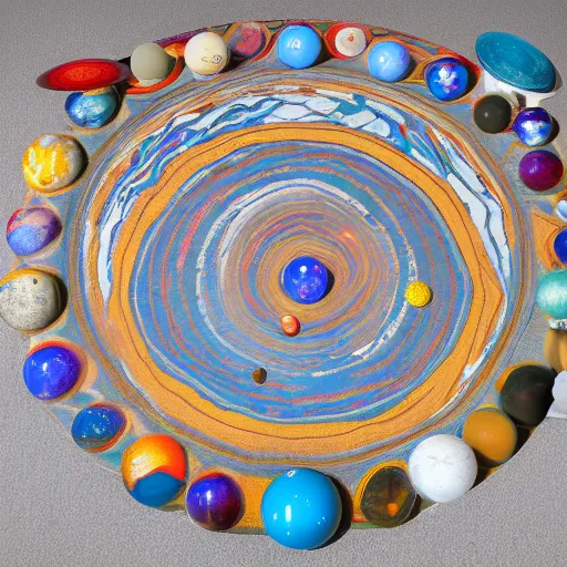 Prompt: solar system as a group of marbles over the carpet of the universe, a joyful marble game, childhood, dream, colorful