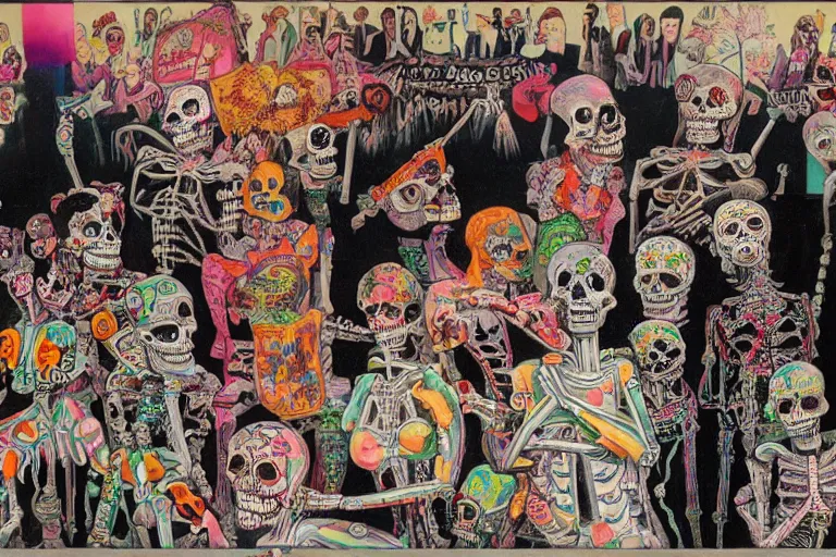 Image similar to scene from amusement arcade, day of the dead, cyber skeletons, queen in black silk in the center, neon painting by otto dix