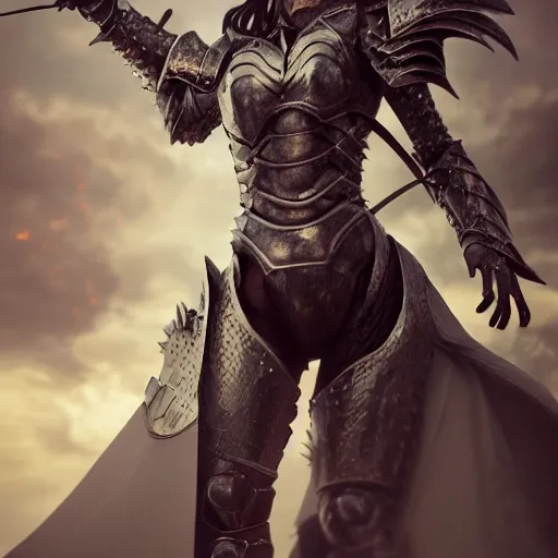 Image similar to highly detailed realistic stunning shot of a beautiful anthropomorphic female knight but as a dragon, doing a majestic and elegant pose, armor made of steel, sharp claws, HD octane render, epic cinematography, fantasy, Artstation, Deviantart, Furaffinity