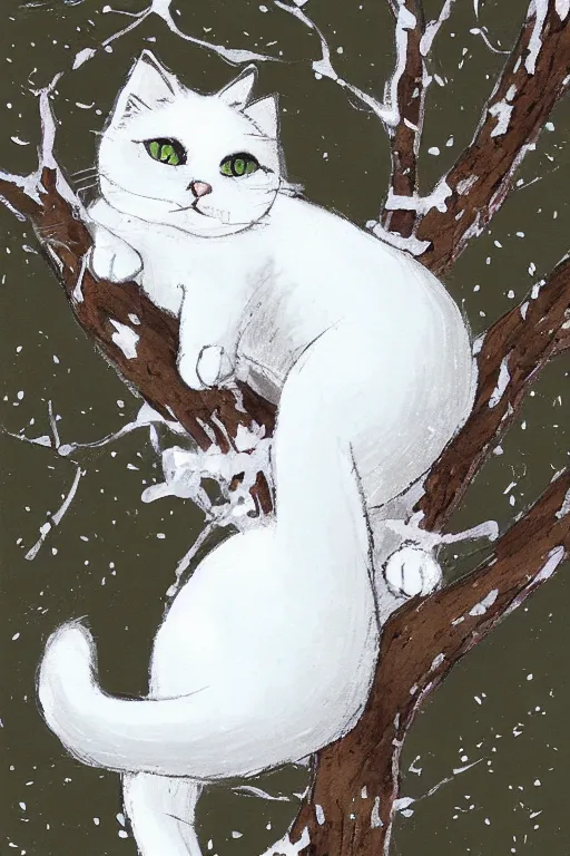 Image similar to white cat in the tree in winter day in the style ofukiyo-e