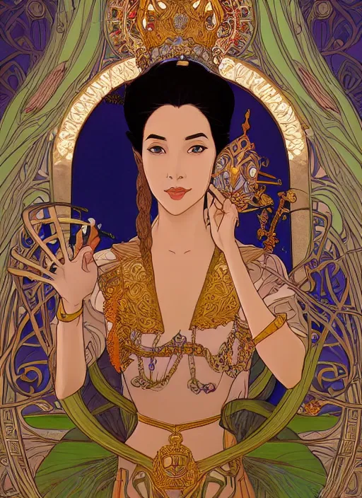 Prompt: well - lit art nouveau portrait of queen sirikrit of thailand, natural lighting, path traced, highly detailed, high quality, photorealistic, cartoon, digital painting, by don bluth and ross tran and studio ghibli and alphonse mucha