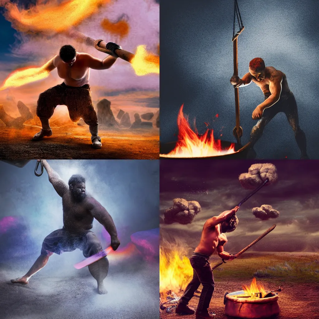 Prompt: a very strong blacksmith swinging his hammer he is made of psychedelic dust clouds dancing in the wind, hyper realistic, roaring fire, midday, realistic lighting, psychedelic dust, psychedelic dust, photo realistic, 4k