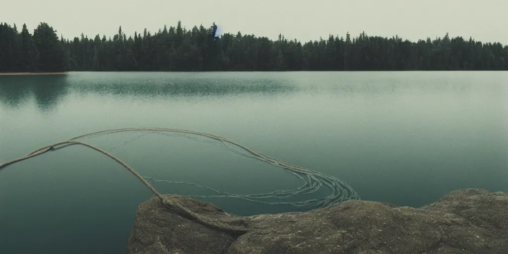 Image similar to symmetrical photograph of an infinitely long rope submerged on the surface of the water, the rope is snaking from the foreground towards the center of the lake, a dark lake on a cloudy day, trees in the background, dreamy kodak color stock, anamorphic lens