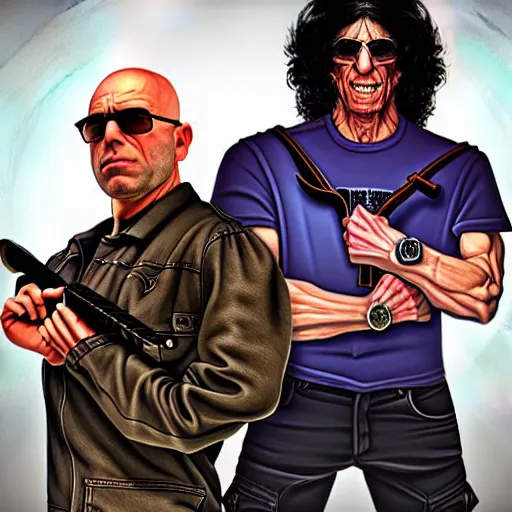 Prompt: Joe Rogan and Howard Stern, in style of Grand Theft Auto, intricate, highly detailed, concept art, smooth, sharp focus, illustration, angry, medium shot, mid-shot