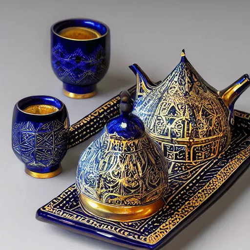 Prompt: Arabic calligraphy, Moroccan tea set, product design by pollock