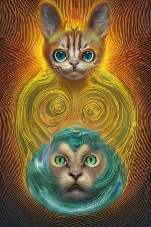 Prompt: Recursive image with a well rounded Calico feline, large eyes, shiny soft fur, anatomically correct, surrounded by swirling wisps of jelly, oil pastels and gold, anime, cartoon, in the style of Victo Ngai, modeled in Poser, Redshift render, UHD