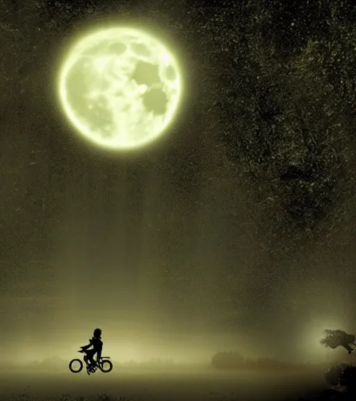 Image similar to the hulk is riding a flying bike across the full moon as silhouette, from the movie e. t. the extra terrestrial, with dark trees in foreground, cinematic frame by steven spielberg, hd