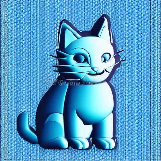 Image similar to icon of a cute cat in light blue metallic iridescent material, 3d render isometric perspective on dark background