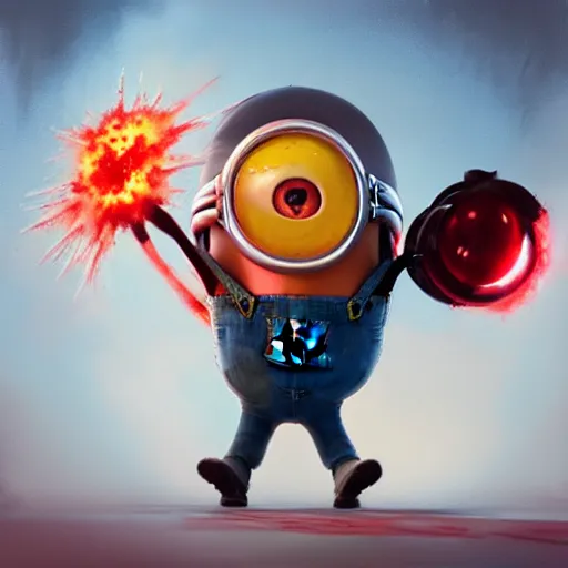 Image similar to an epic painting minion, red angry face with nuclear explosion of his head, perfect composition, golden ratio, beautiful detailed, photorealistic, digital painting, concept art, smooth, sharp focus, illustration, artstation trending, octane render, unreal engine
