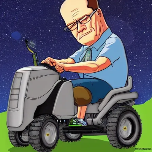 Image similar to photorealistic Hank hill from “King of the Hill” wearing a full suit of medieval armor, riding a lawnmower on the moon, National Geographic photo