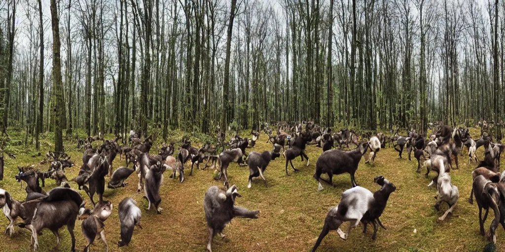 Image similar to panorama of animals in enchanted forest running away from necromancer's army