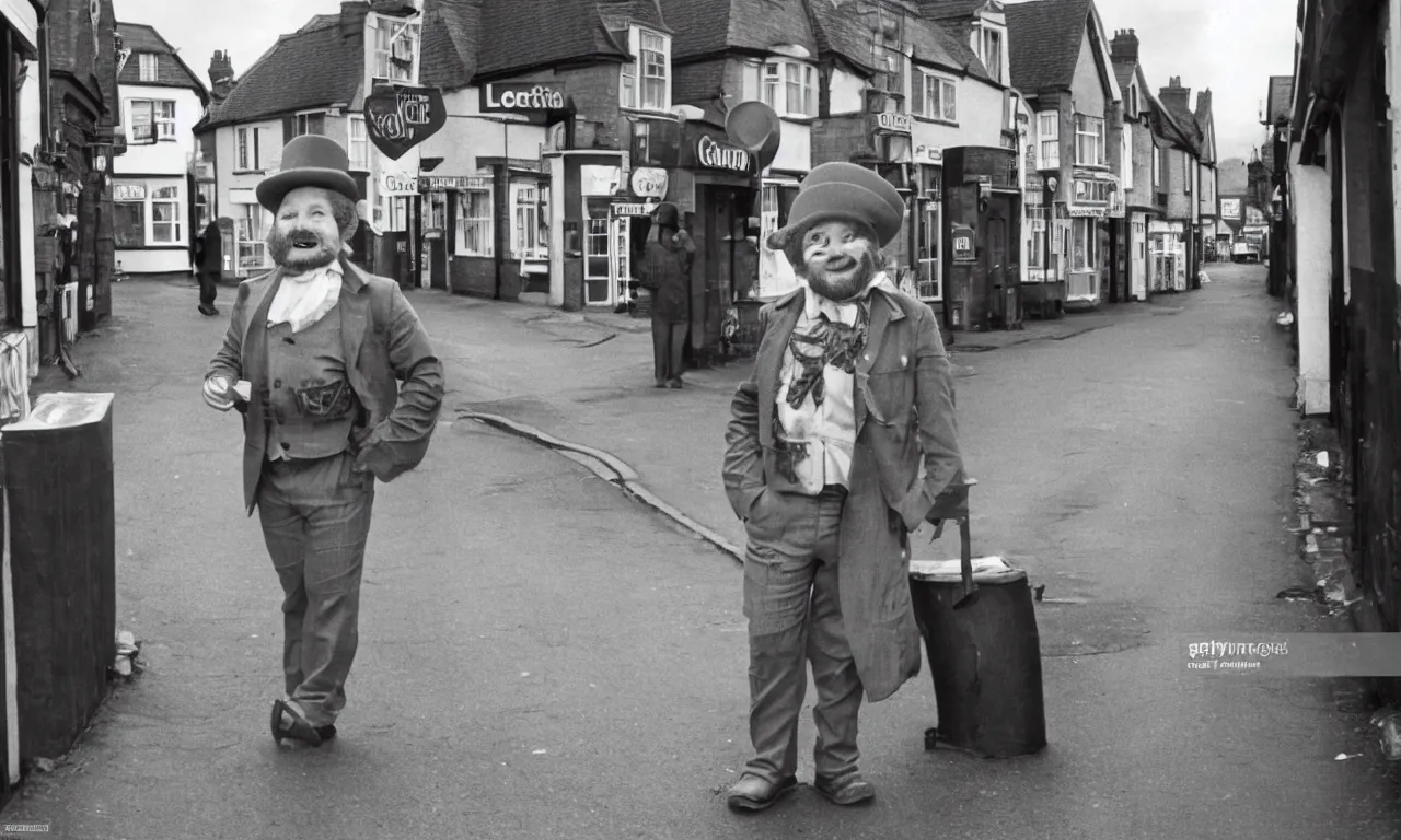 Image similar to leprechaun standing on the streets of 1 9 8 0 ies british town, press photo