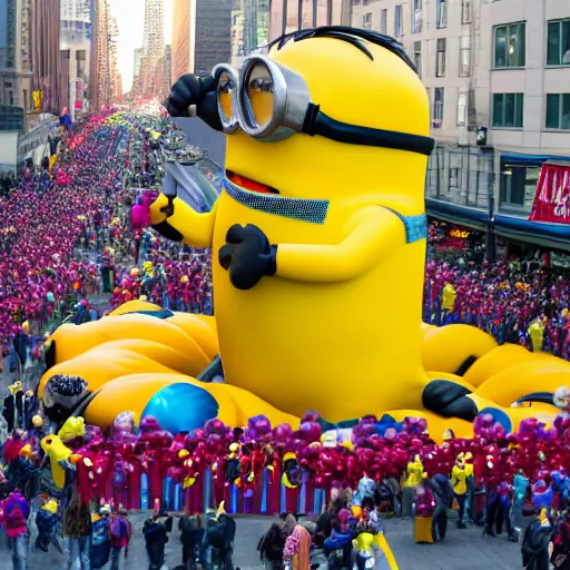 Image similar to photo of giant minion parade float in the macys thanksgiving parade, detailed 4 k photo