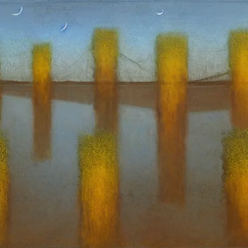 Image similar to goldenrod by sidney nolan weary. a mixed mediart of a group of flying islands, each with its own unique landscape, floating in the night sky. the islands are connected by a network of bridges. a small group of people can be seen walking along one of the bridges.