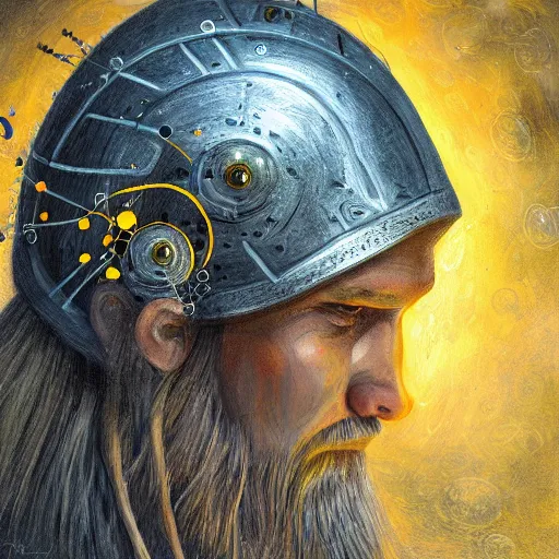 Prompt: mythological viking Shaman of artificial intelligence creating an artificial neural network with yellow synapses on an anvil, high resolution, award winning art, trending on art station, sharp image, incredibly detailed, detailed character realistic painting