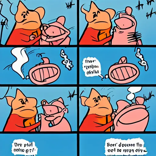 Image similar to a comic of a pig screaming in horror as another pig gets barbequed, funny, by Disney