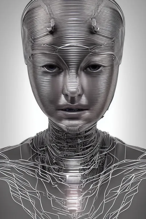 Image similar to robot with human face, female head, full body angle, woman human face, human face realistic, beautiful blonde hair, human head, human head with blonde hair, blonde hair human head, blonde hair, human realistic face, human head skin, cyborg frame concept, cyborg by ales-kotnik, sci-fi android female, the body is made of wires, robotic body, cyborg body, cyborg bust body, robot body cyborg, full body