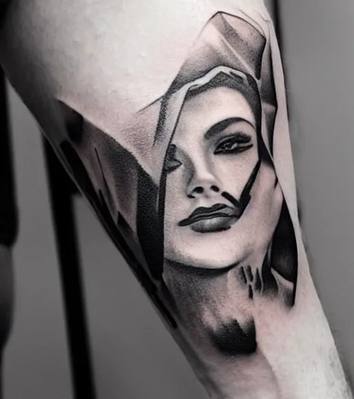 Image similar to amazing fade effect of beautiful mountain scenery with a beautiful woman face, tattoo design sketch, hyper - realistic, in the style of matteo pasqualin, amazing detail, black and white