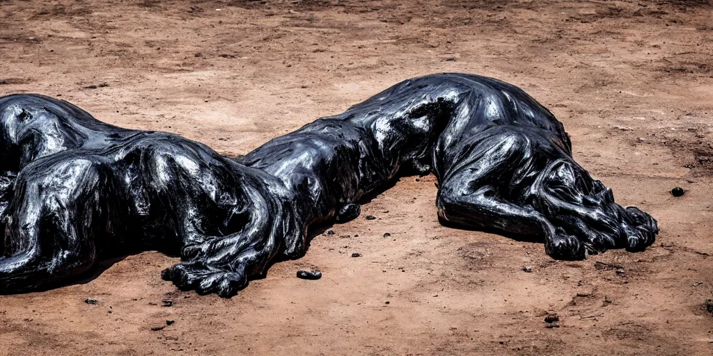 Image similar to a shiny black goo covered lion, lion made of black goo, goo lion, lion made of goo, latex shiny, laying in a tar pit, dslr, photography, ferrofluid, wildlife photography, award winning animal photography, safari