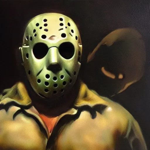 Image similar to ultra realistic portrait painting of jason voorhees, art by frank frazetta, 4 k, ultra realistic, highly detailed, epic lighting