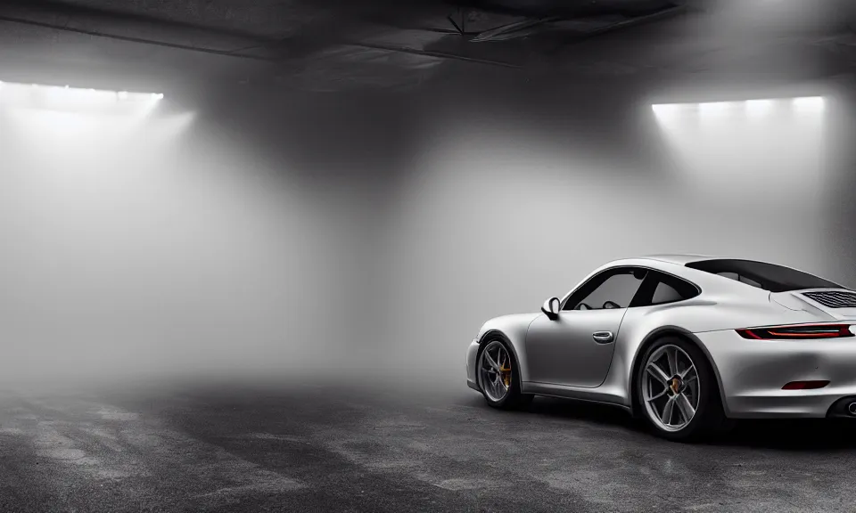 Image similar to photo of a porsche 911 standing in a garage, mist, volumetric light, cinematic lighting, octane render, 4k