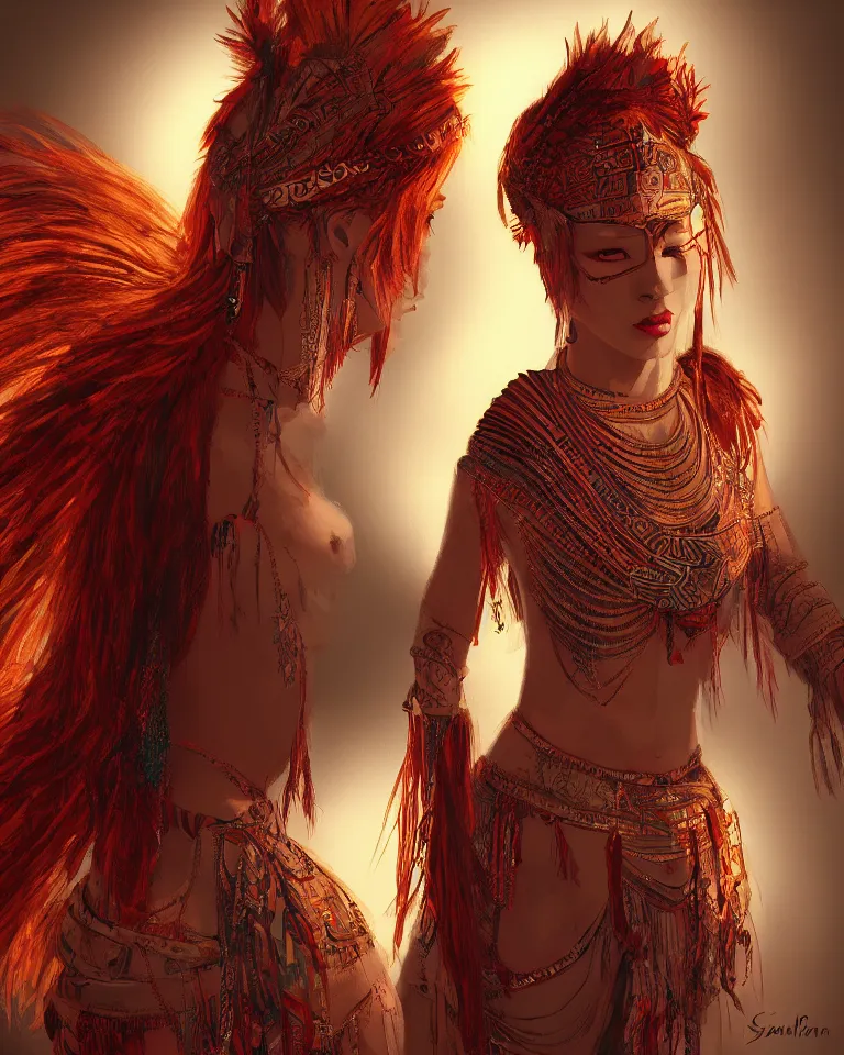 Image similar to redhead woman wearing tribal clothing, dramatic lighting, sakimichan, concept art, 4 k