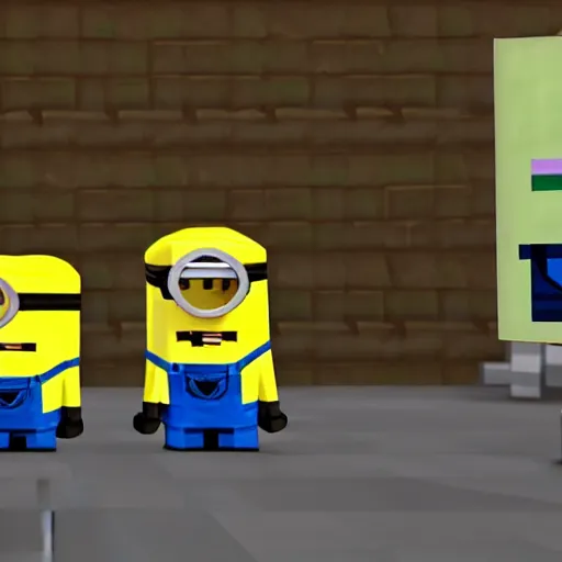 Prompt: minions hanging out with minecraft Steve