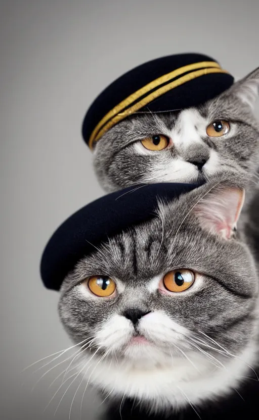 Prompt: front portrait photo of scottish fold cat wearing a black military hat, pure grey fur, highly detailed, high resolution, cosplay photo, stunning, bokeh soft, trending on instagram, by professional photographer, soldier clothing, american military uniform, shot with a canon