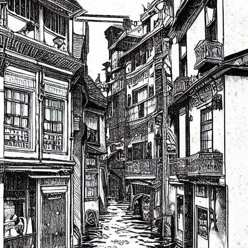 Image similar to water flowing through the streets in an old city, drawing by moebius