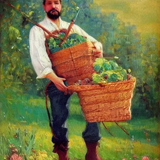 Image similar to a beautiful painting of a russian instagram heart farmer. in his arm he has a basket full of hearts. in style of ilya repin, trending on artstation