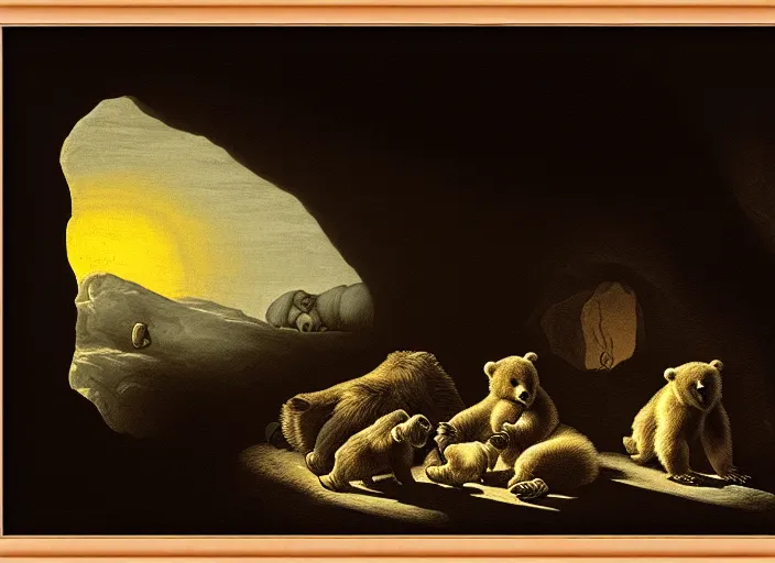 Image similar to Pieter Claesz's 'a bear and her cubs sleeping in a dark cave, lit by hole in roof', night time, cross hatching, framed, monochrome, colours of the sunset