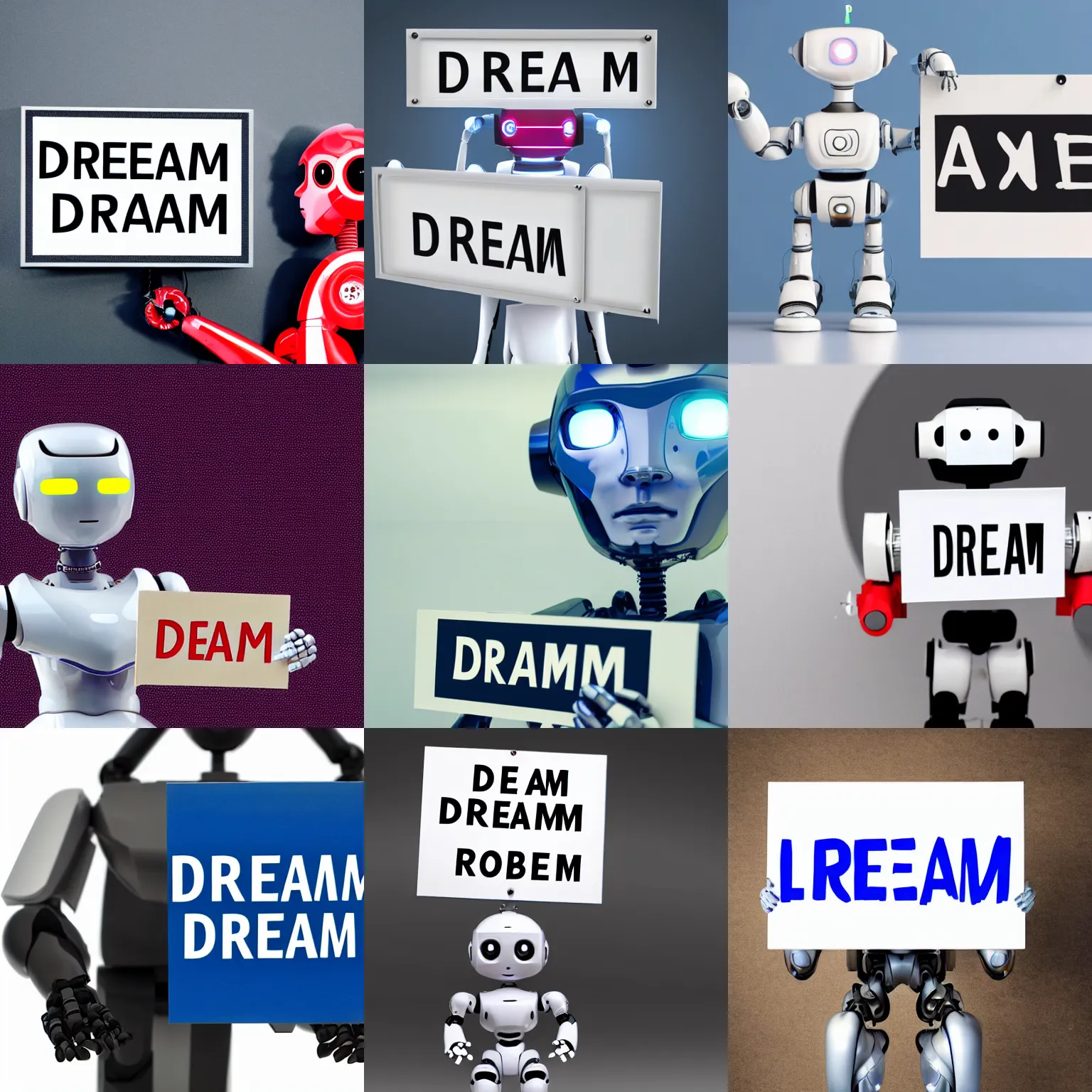 Image similar to artificial intelligence robot holding a sign with text that reads : dream