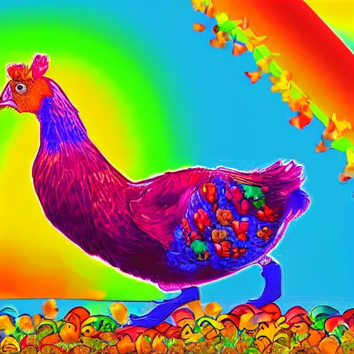 Prompt: a hen with her two chicks walking over a rainbow, digital art, high detail, colorful vibrant colors