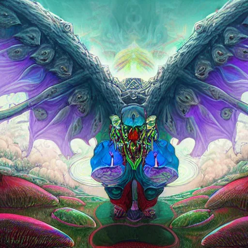 Prompt: 8K Portrait of centered chest up of a psychedelic godlike mothman with giant mandala wings smoking a hand-rolled cigarette smoking heavily , magic mushroom village in background , post-processing , award winning. superb resolution. in the art style of junji Ito and greg rutkowski . Detailed Mushroom city in background. Hyper realistic anime. Perfect art. Dalle2