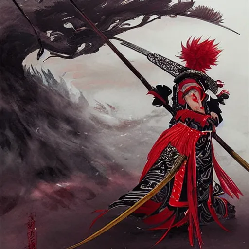 Prompt: an epic portrait of insane kabuki male wielding a spear covered in a distorting aura, intricate hakama, poofy red wig, eerie, highly detailed, dark fantasy, art by artgerm and greg rutkowski