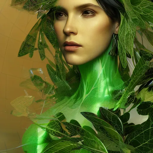 Prompt: a highly detailed digital image of a futuristic beautiful woman elegantly wrapped with green lush leaves, by Andrea Chiampo, artstation and Frederik Heyman, extremely detailed woman, stunning volumetric lighting, hyper realism, fantasy 4k