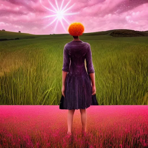 Image similar to giant pink daisy flower head, girl walking in wheat field, hills, surreal photography, dark night, star trails, dramatic light, impressionist painting, clouds, digital painting, artstation, simon stalenhag