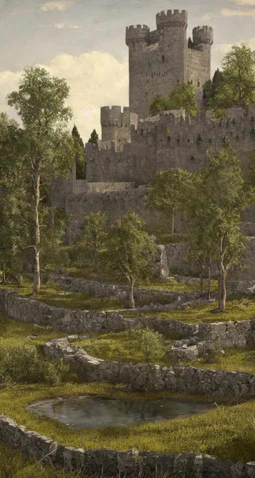 Prompt: wide - shot of high grey medieval castle on plateau, crawling vines on the stone wall, pond, nut trees, linden trees, highly detailed, sharp focus, matte painting, by isaac levitan and asher brown durand,